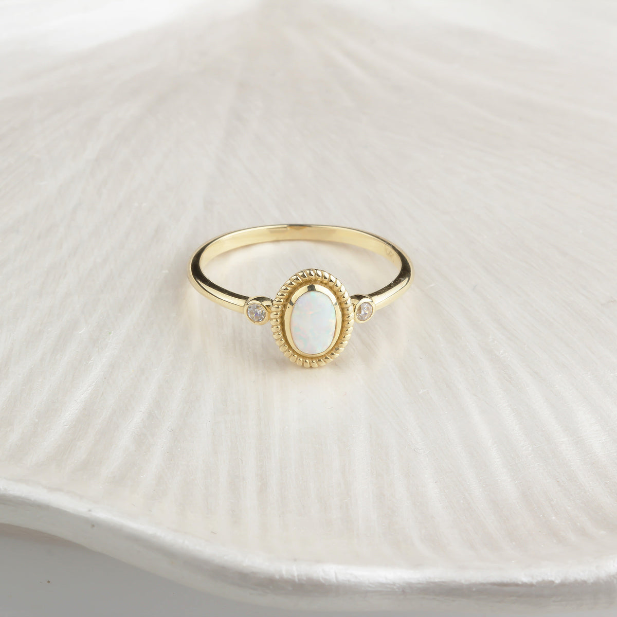 14k Solid Gold White Opal Stone Retro Ring - alternate view 6