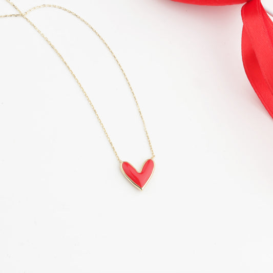 14k Solid Gold Red Enamel Heart Necklace - alternate view 2