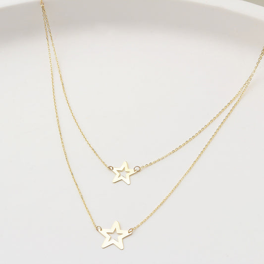 14k Solid Gold Twice Star Necklace - alternate view 2