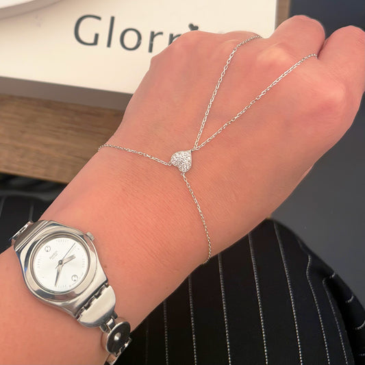 925 Sterling Silver Heart Hand Chain Bracelet