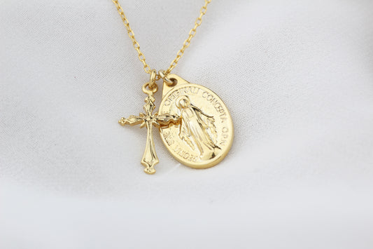 925k Sterling Silver Cross and Virgin Mary Necklace - alternate view 2
