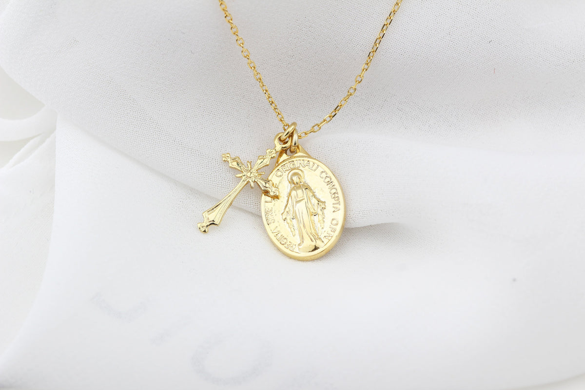 925k Sterling Silver Cross and Virgin Mary Necklace