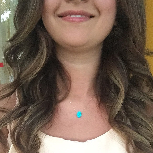 14k Solid Gold Opal Pave Hamsa Hands Necklace - alternate view 3
