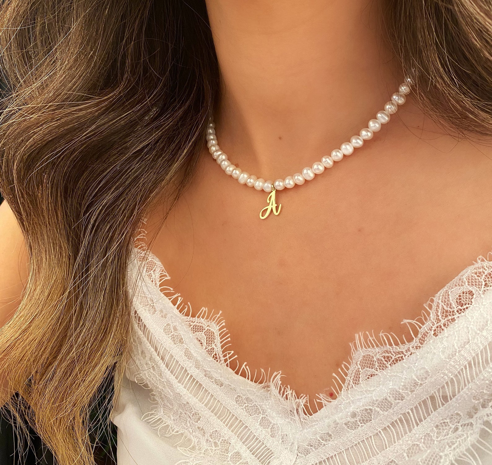 925k Sterling Silver Personalized Initial Pearl Necklace