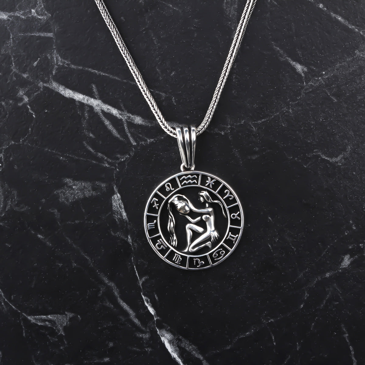 925k Sterling Silver Men Aquarius Sign Necklace