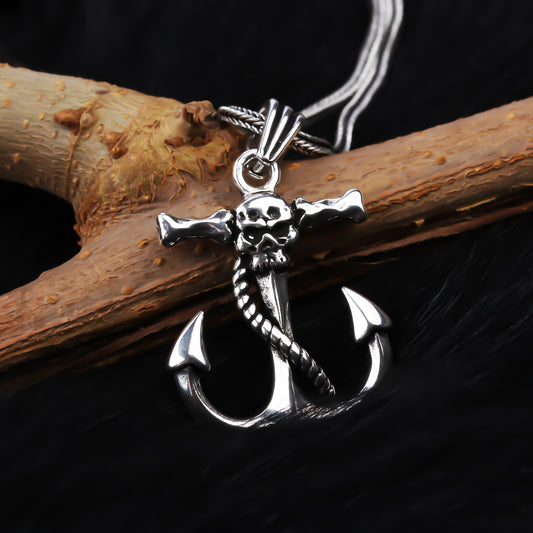 925k Sterling Silver Men Skull Anchor Necklace - alternate view 2