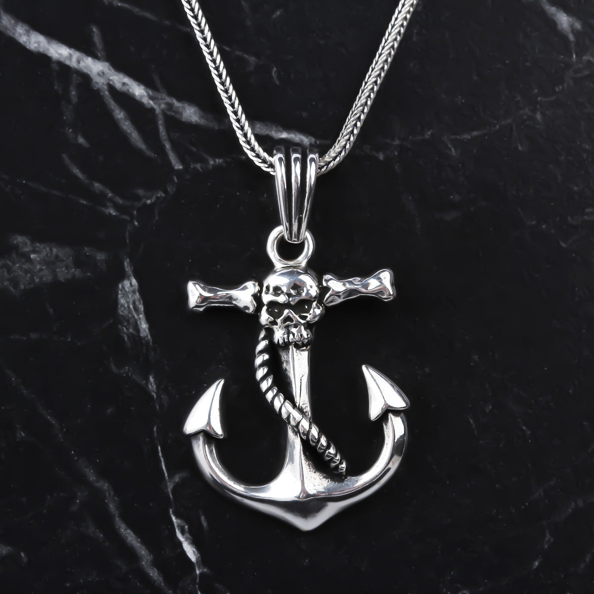 925k Sterling Silver Men Skull Anchor Necklace - alternate view 3