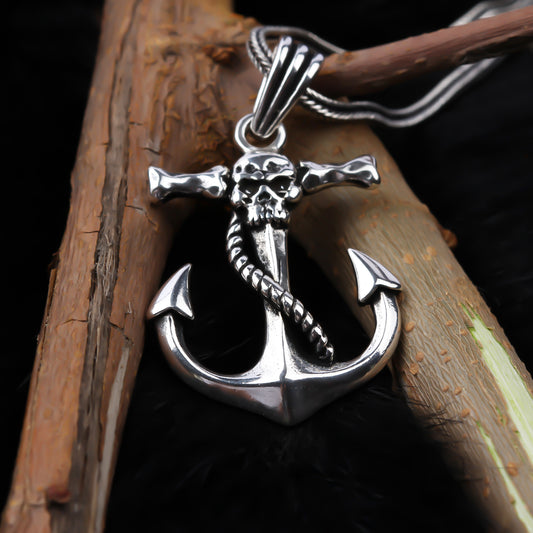 925k Sterling Silver Men Skull Anchor Necklace