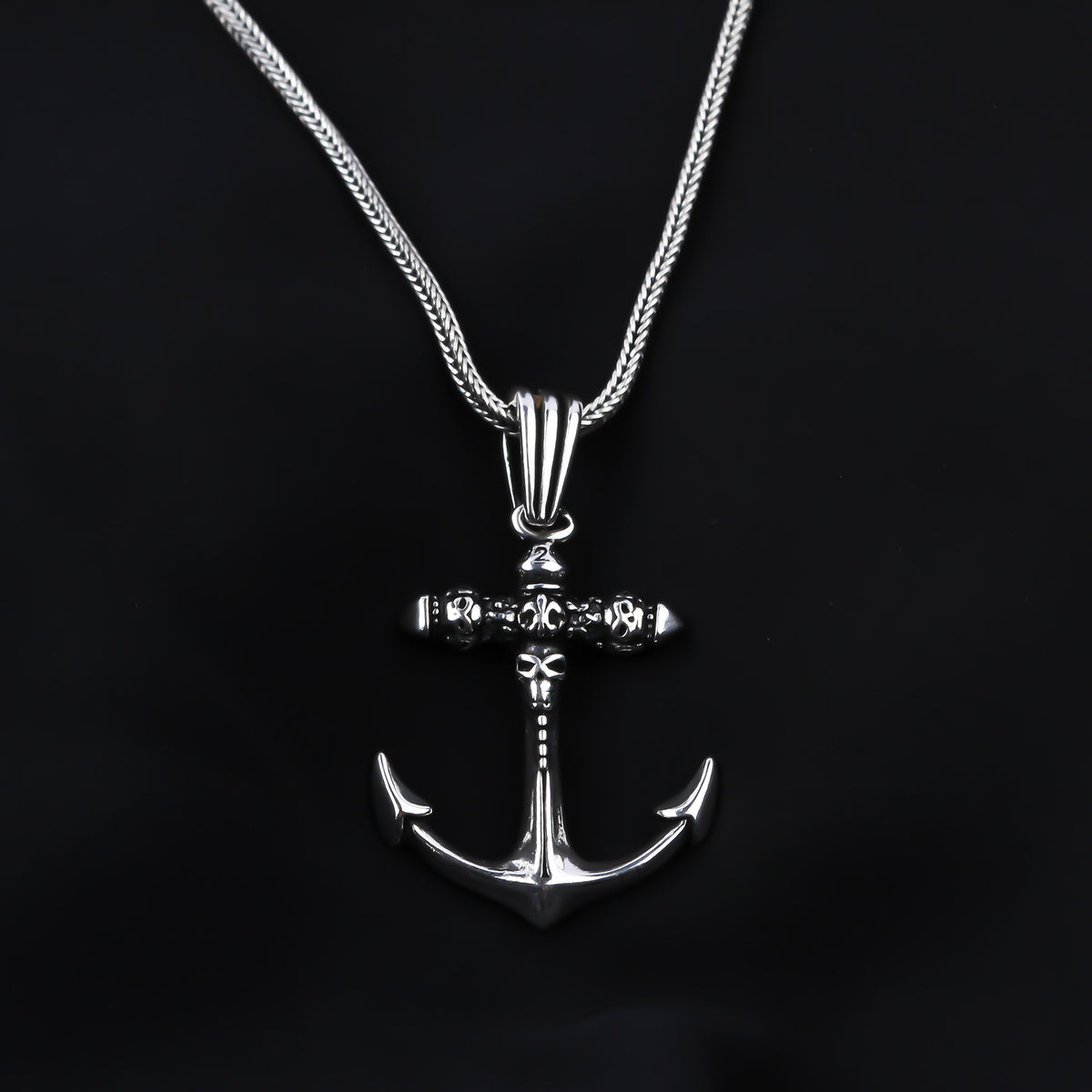 925k Sterling Silver Men Skull Anchor Necklace - alternate view 2