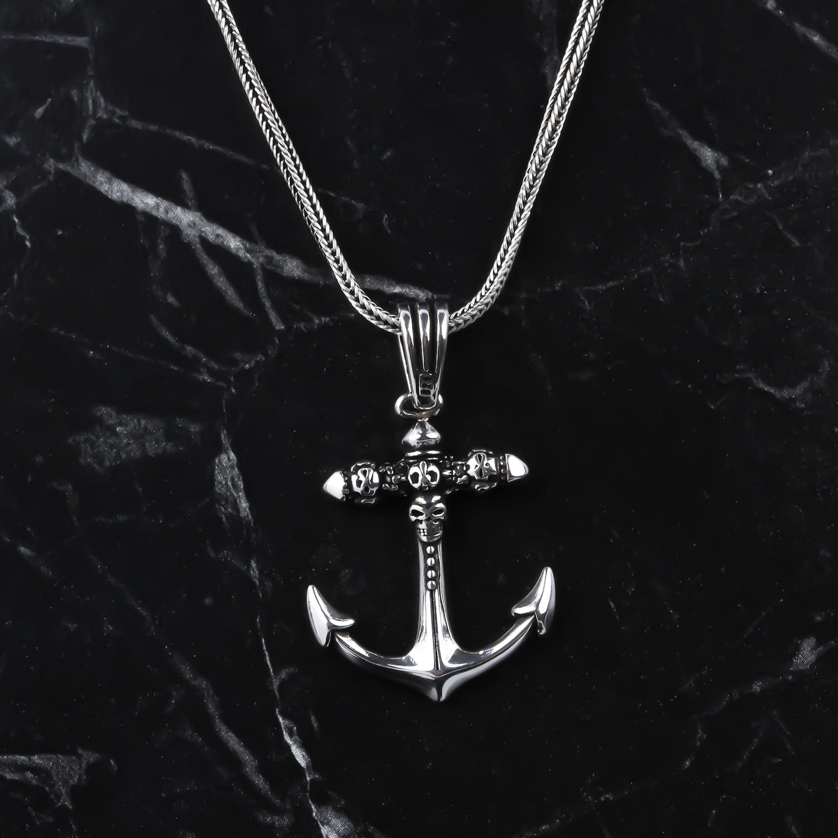 925k Sterling Silver Men Skull Anchor Necklace - alternate view 3