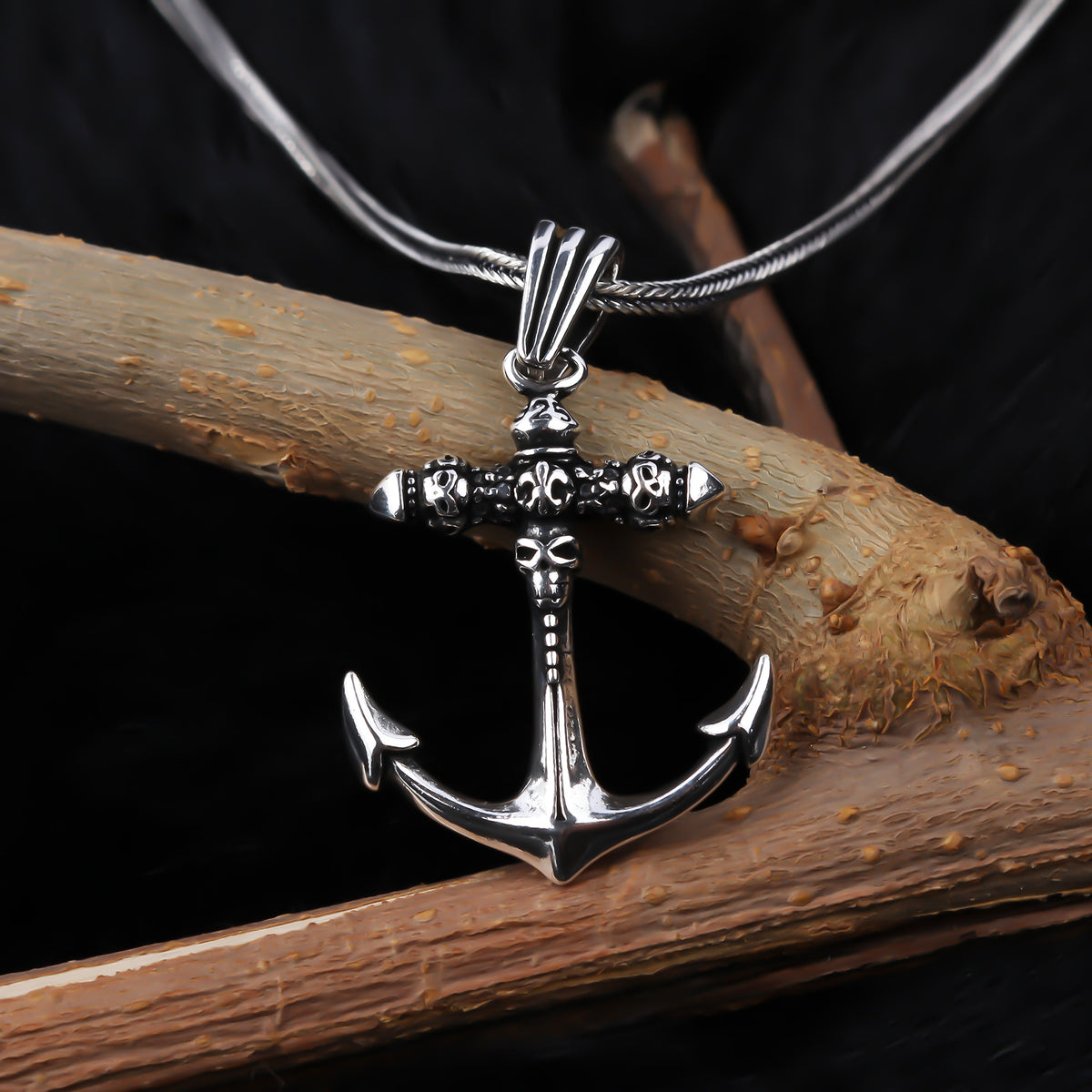 925k Sterling Silver Men Skull Anchor Necklace
