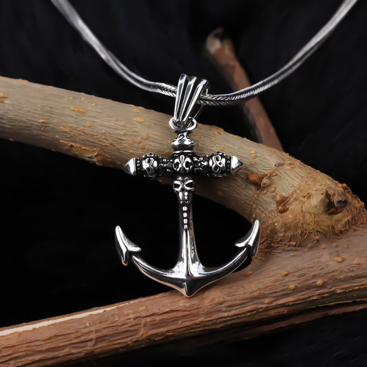925k Sterling Silver Men Skull Anchor Necklace