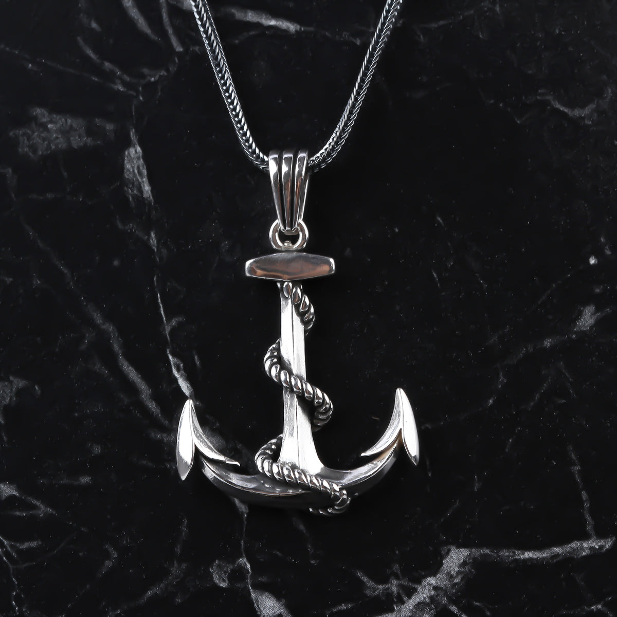 925k Sterling Silver Men Ship Anchor Necklace