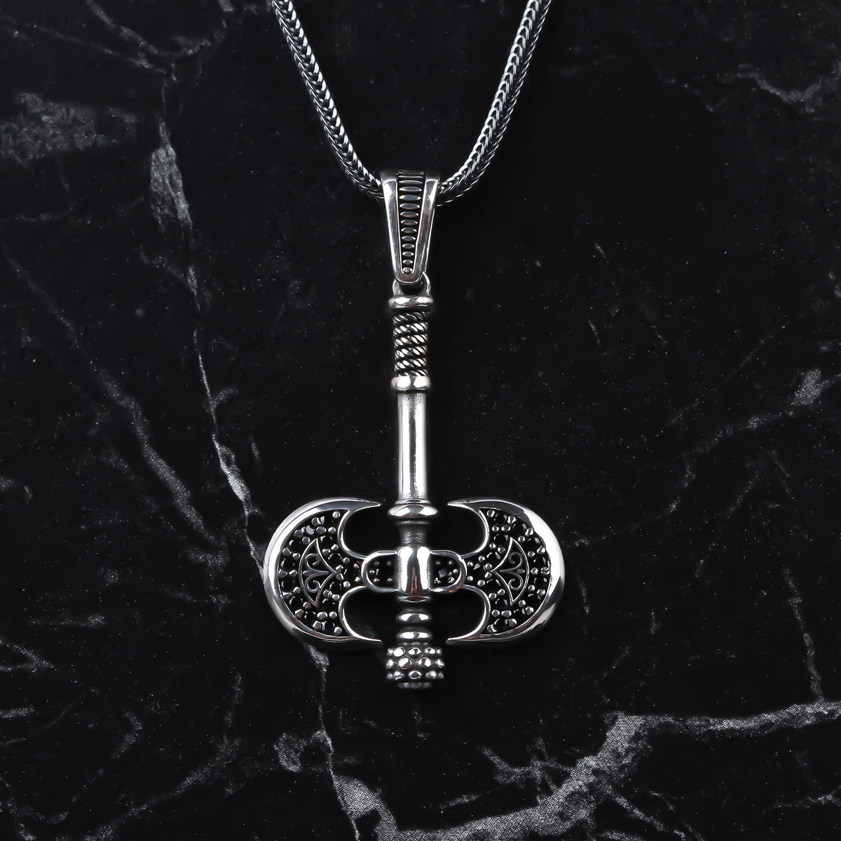 925k Sterling Silver Men Double Ax Necklace - alternate view 2