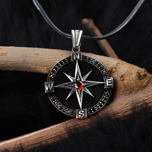 925k Sterling Silver Men Red Stone Compass Necklace - alternate view 2