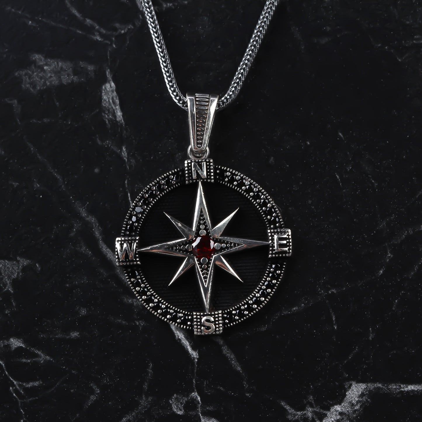 MEN RED STONE COMPASS PENDANT NECKLACE