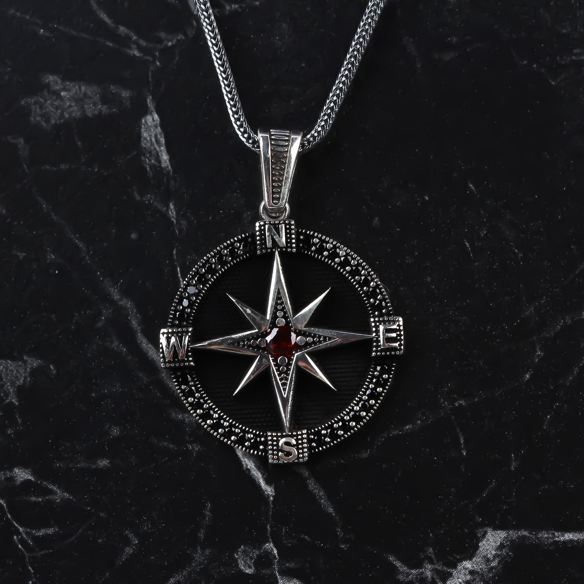 925k Sterling Silver Men Red Stone Compass Necklace