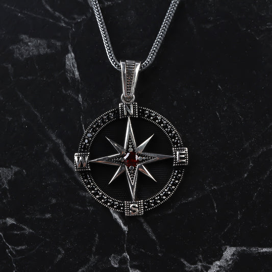 925k Sterling Silver Men Red Stone Compass Necklace