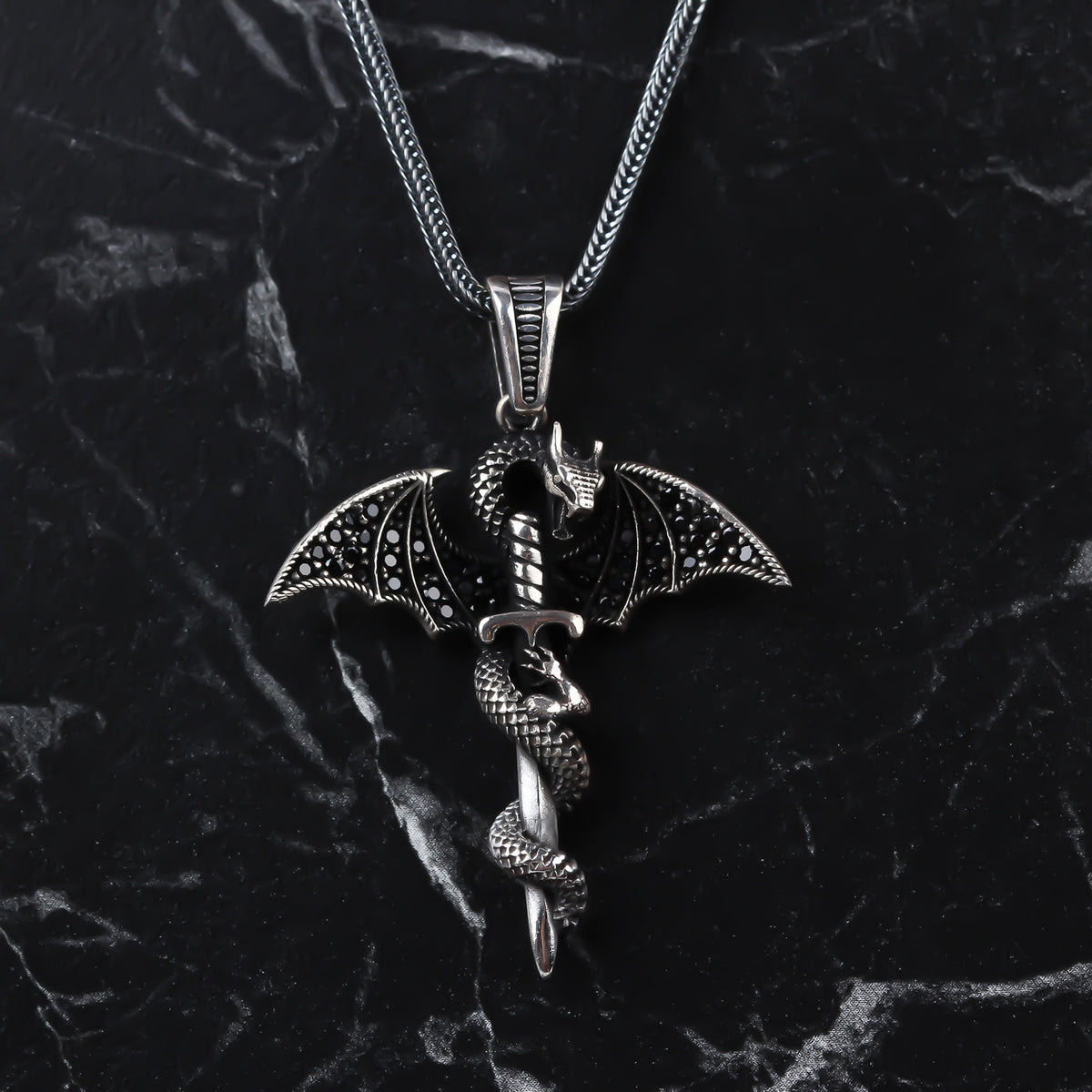 925k Sterling Silver Men Winged Dragon Necklace