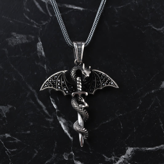 925k Sterling Silver Men Winged Dragon Necklace