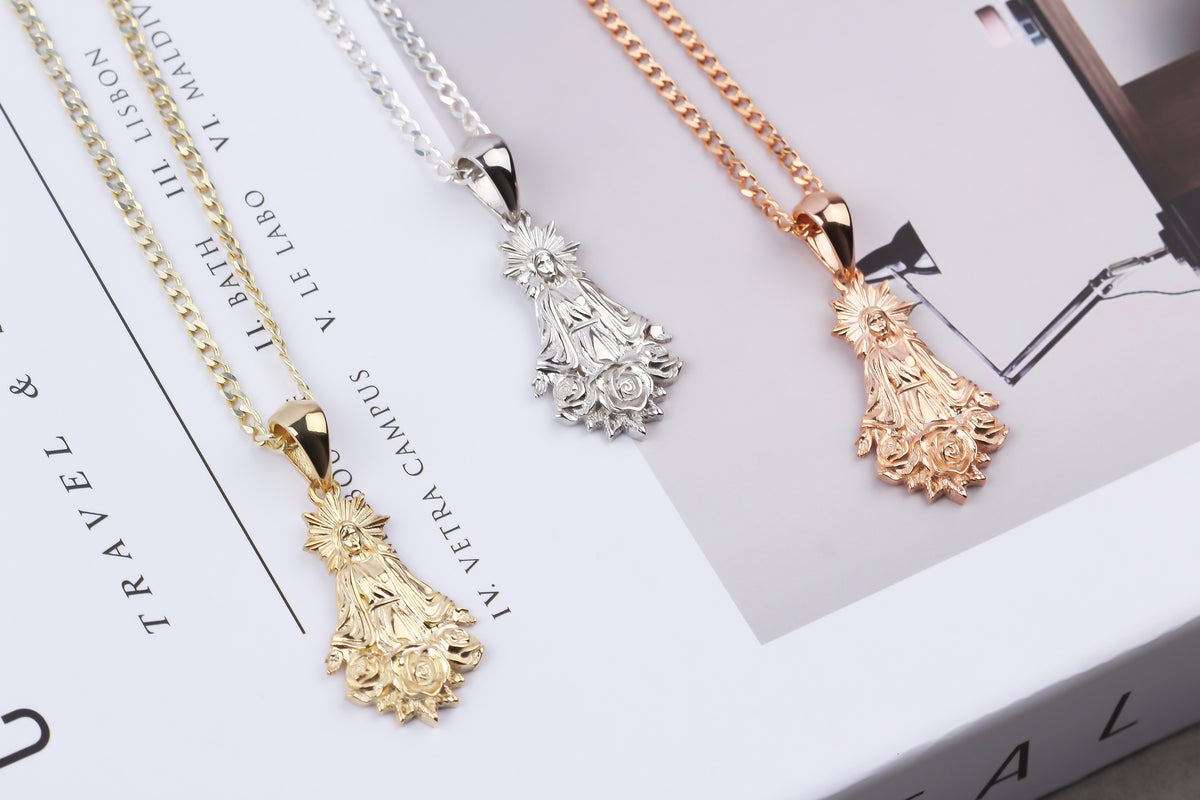 925k Sterling Silver Gourmet Chain Virgin Mary Necklace