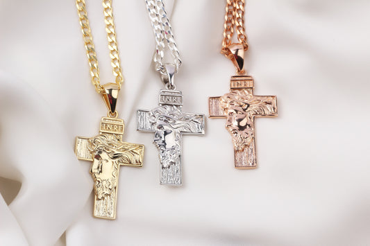 GOURMET CHAIN JESUS CHRIST CROSS PENDANT NECKLACE