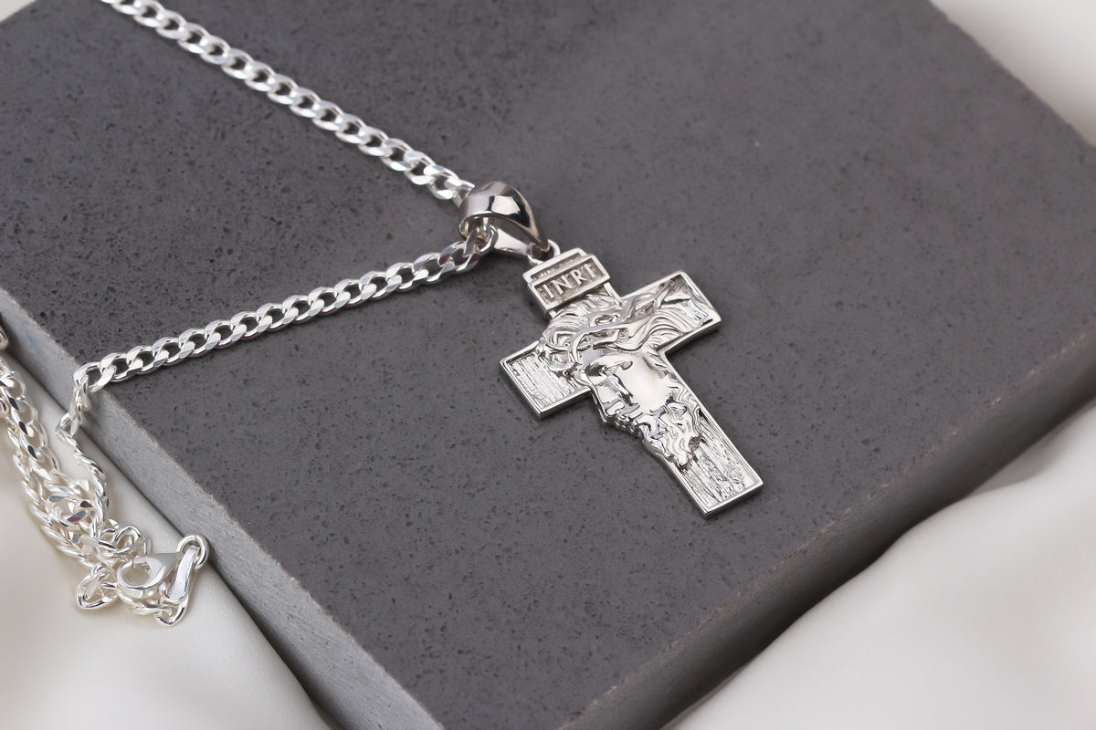 925k Sterling Silver Gourmet Chain Jesus Christ Cross Necklace - alternate view 2