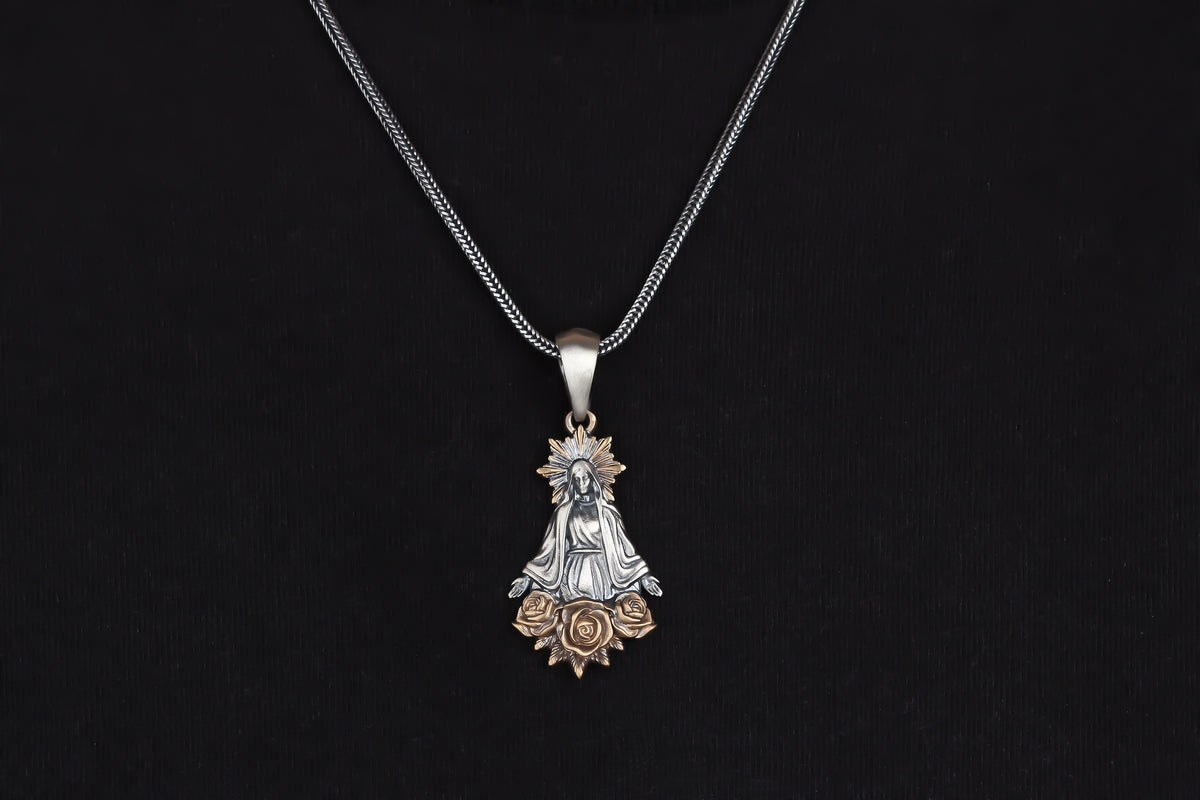 925k Sterling Silver Gourmet Chain Virgin Mary Necklace