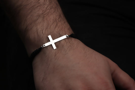 925k Sterling Silver Men Black Corded Cross Sterling Silver Bracelet - alternate view 2
