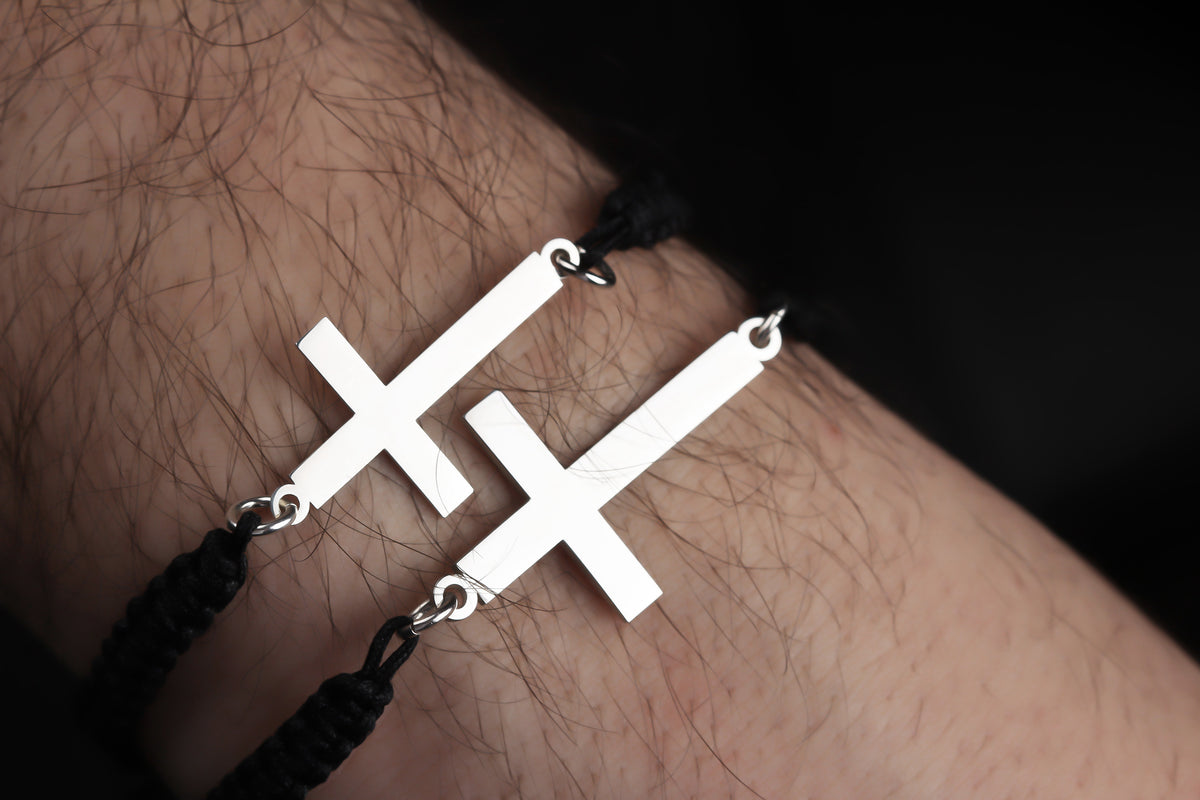 925k Sterling Silver Men Black Corded Cross Sterling Silver Bracelet - alternate view 3