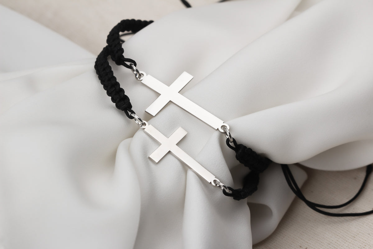 925k Sterling Silver Men Black Corded Cross Sterling Silver Bracelet - alternate view 4