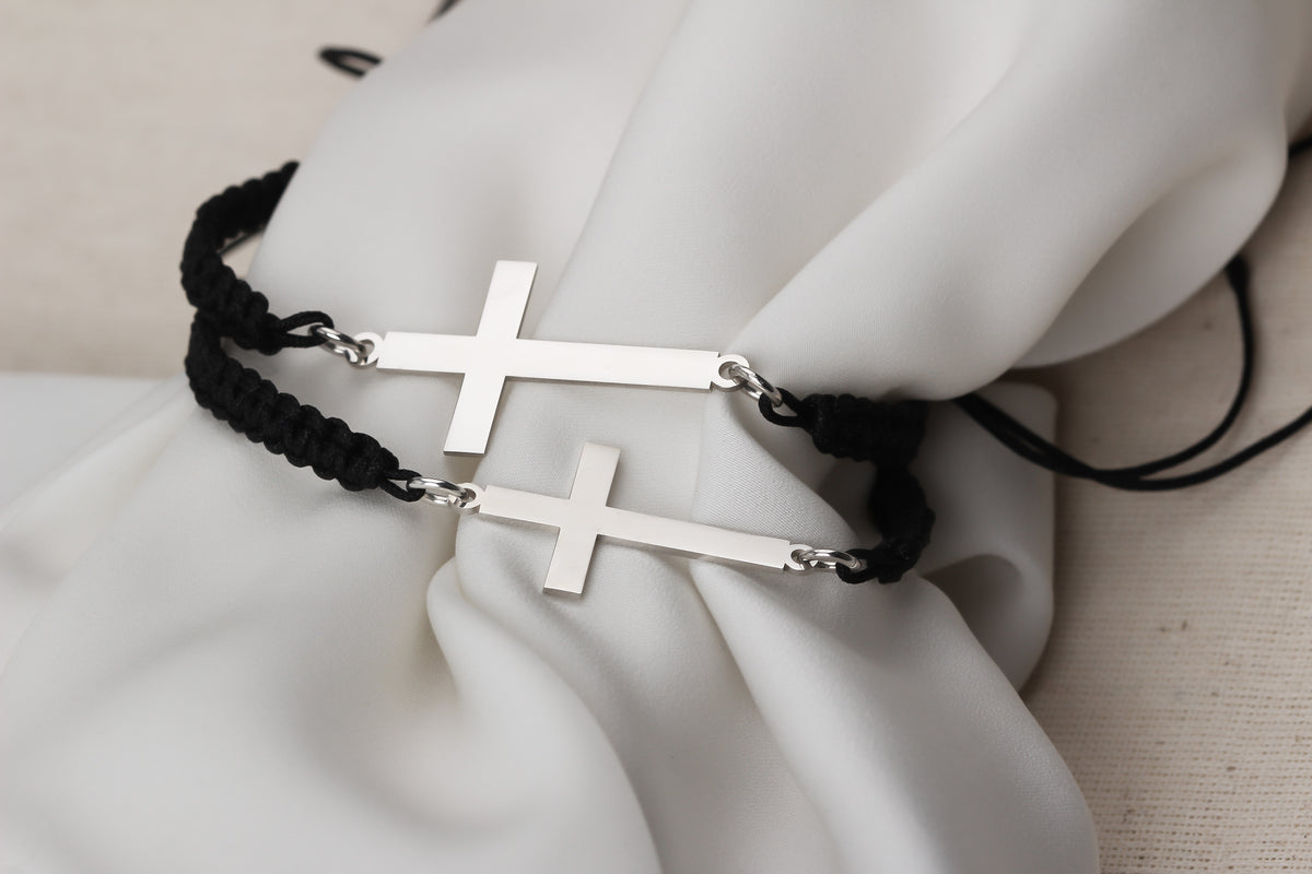 925k Sterling Silver Men Black Corded Cross Sterling Silver Bracelet - alternate view 5