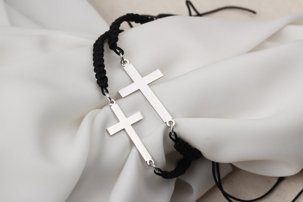925k Sterling Silver Men Black Corded Cross Sterling Silver Bracelet - alternate view 6