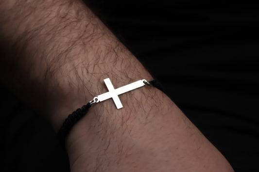 925k Sterling Silver Men Black Corded Cross Sterling Silver Bracelet