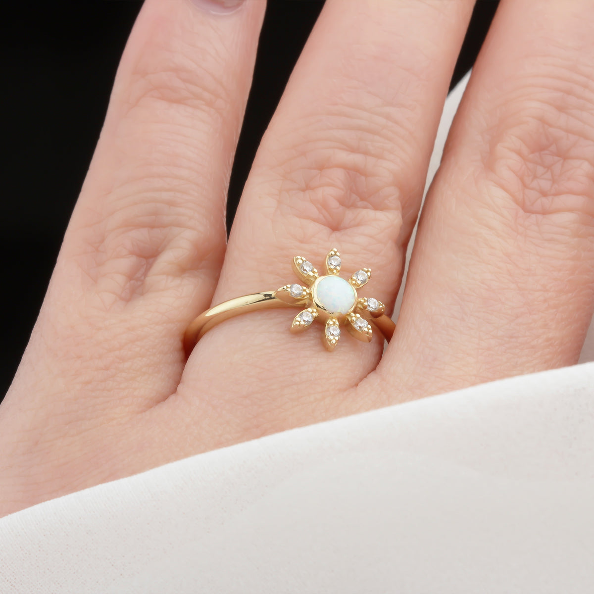 14k Solid Gold Stone-Set Enamel Flower Ring - alternate view 2
