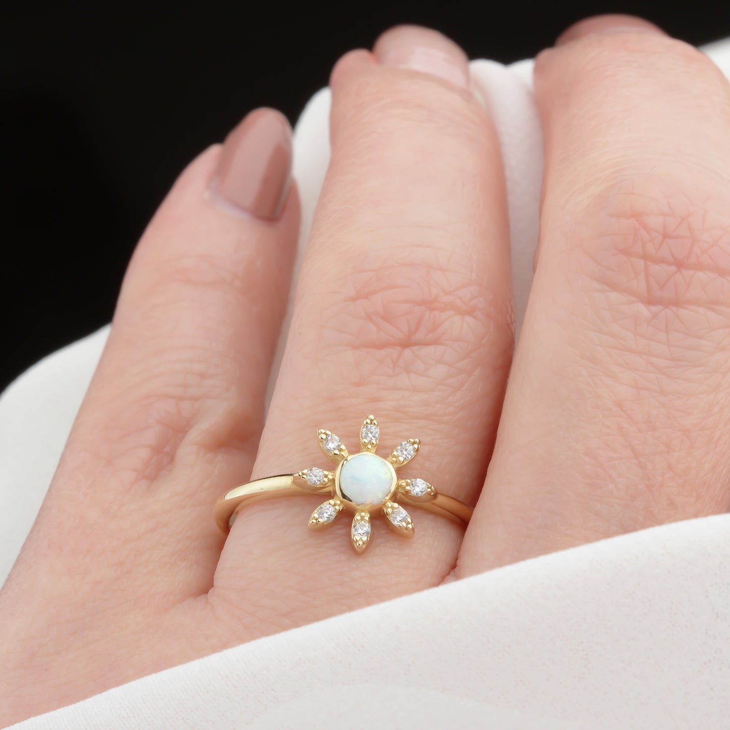 14k Solid Gold Stone-Set Enamel Flower Ring