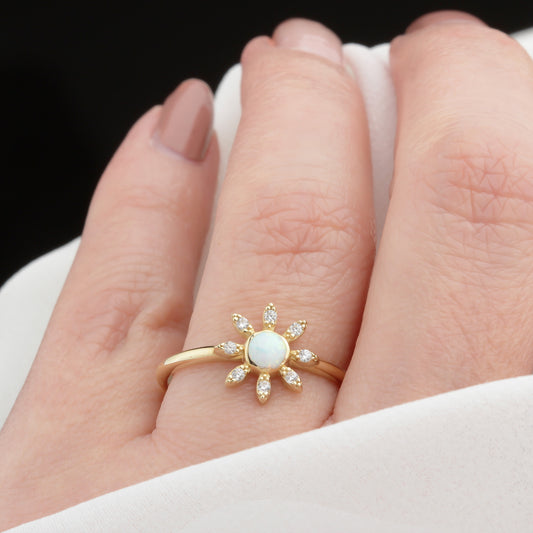 14k Solid Gold Stone-Set Enamel Flower Ring