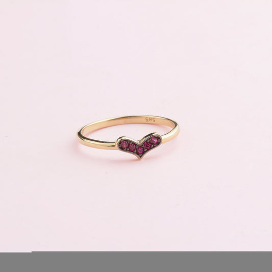 14k Solid Gold Pink Stone Heart Ring