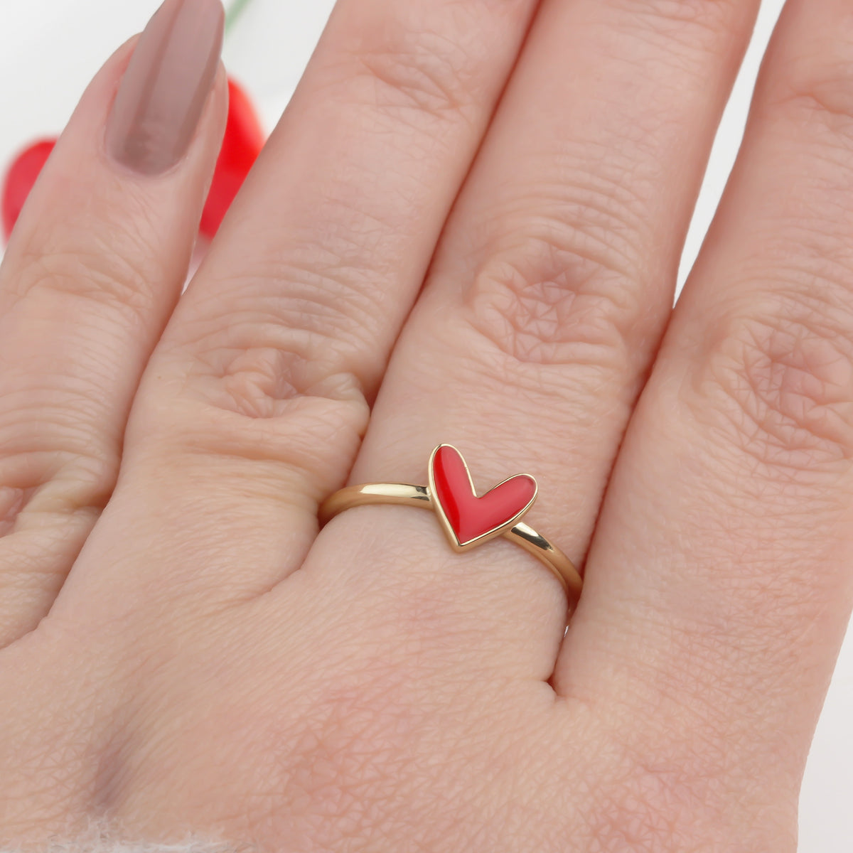 14k Solid Gold Red Enamel Heart Ring - alternate view 2