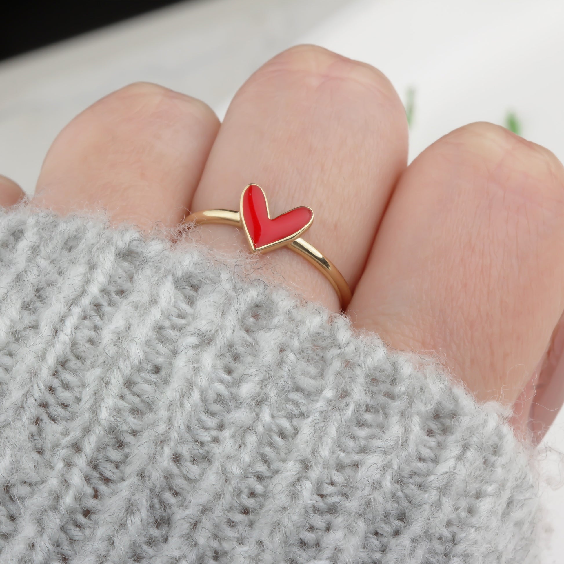 14k Solid Gold Red Enamel Heart Ring - alternate view 3