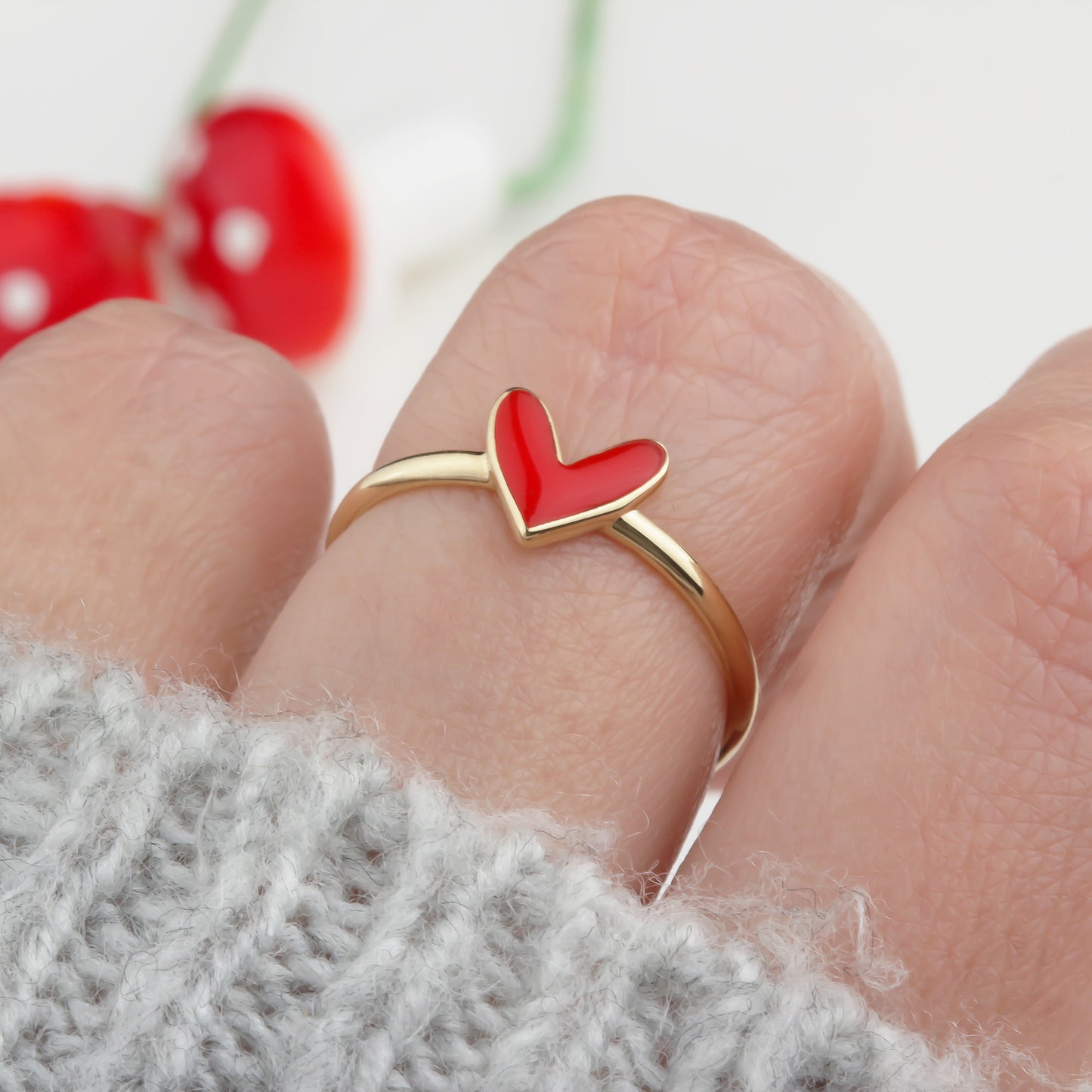 14k Solid Gold Red Enamel Heart Ring