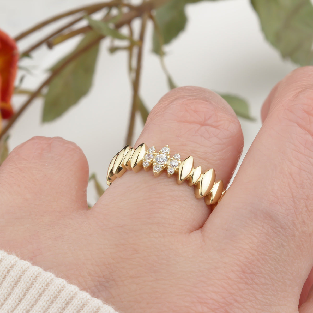 14k Solid Gold Stone-Set Marquise Ring