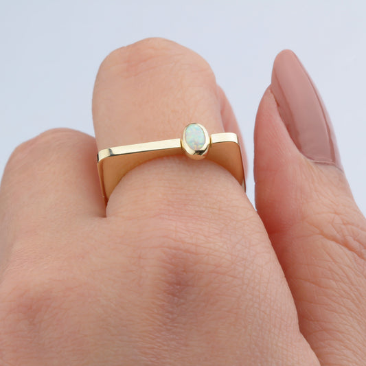 14k Solid Gold White Opal Stone Ring