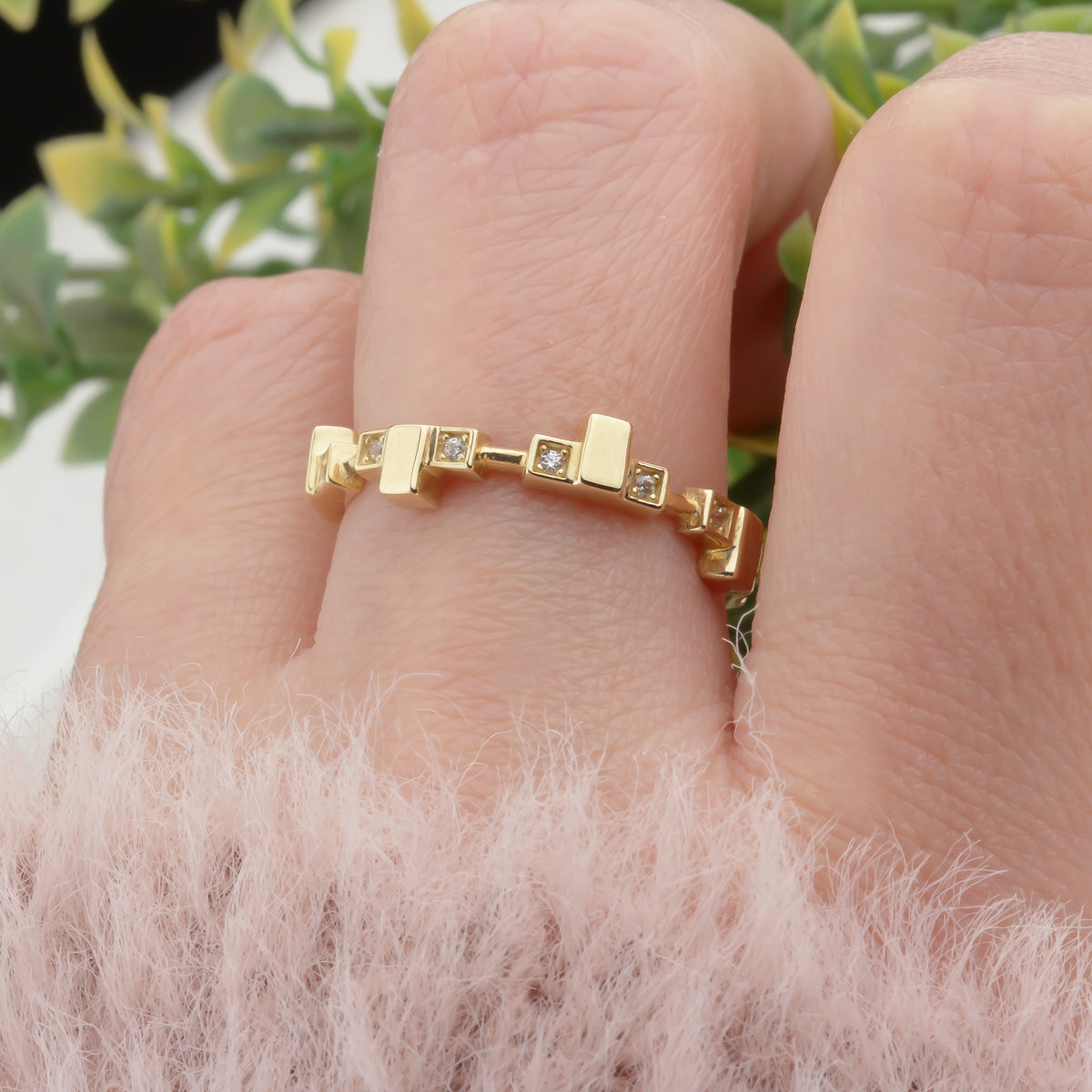 14k Solid Gold Stone-Set Asymmetrical Ring