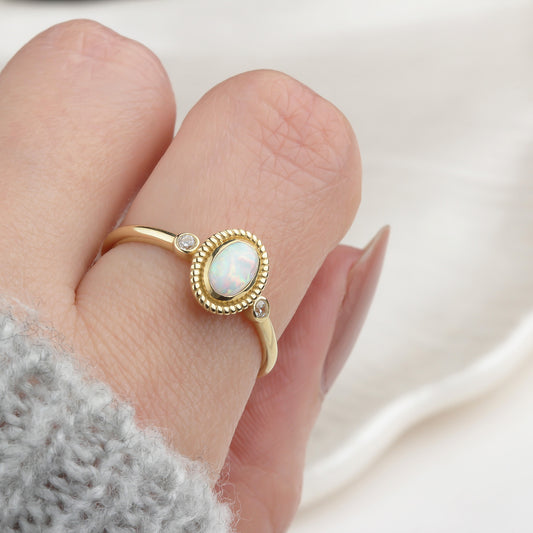 14k Solid Gold White Opal Stone Retro Ring - alternate view 2