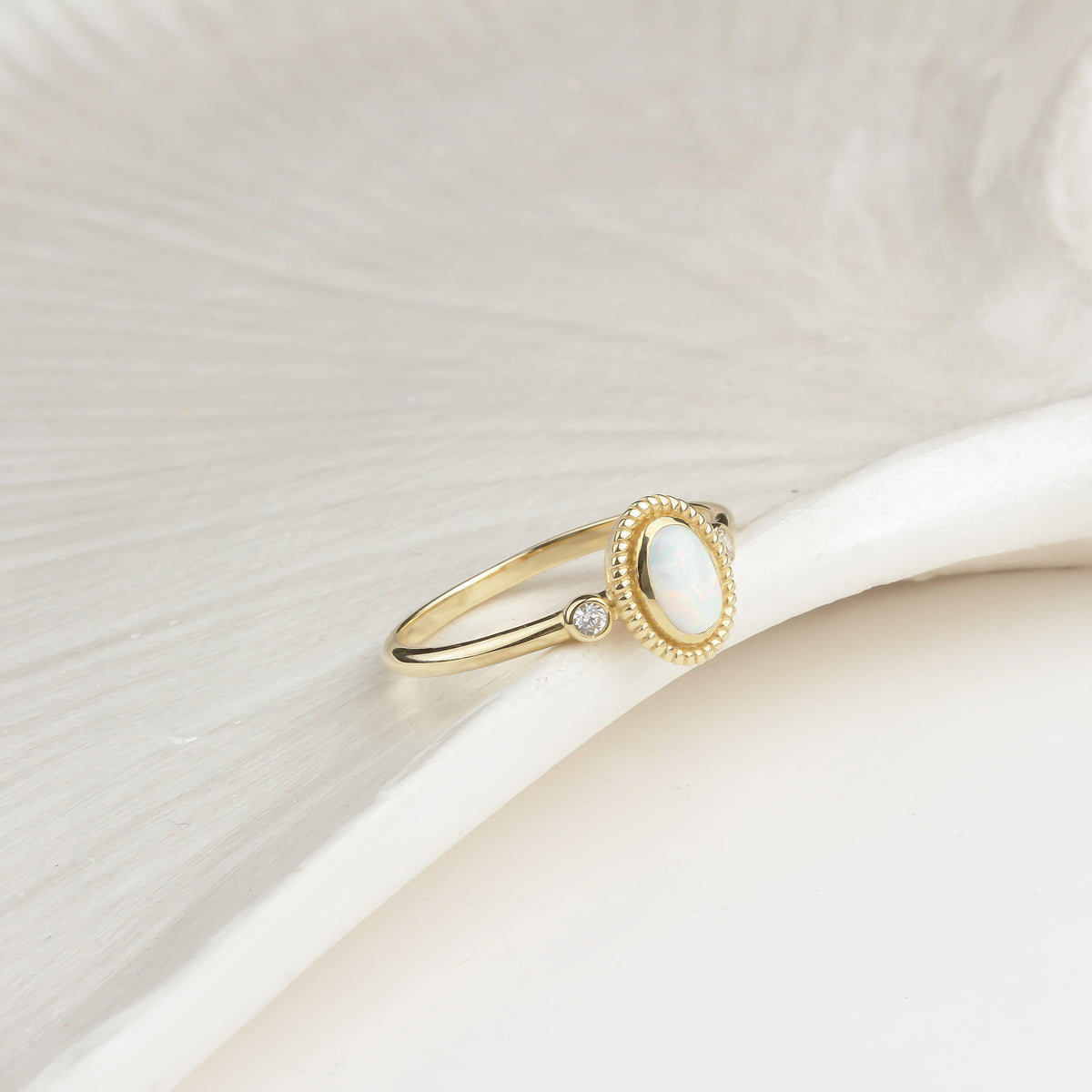 14k Solid Gold White Opal Stone Retro Ring - alternate view 4