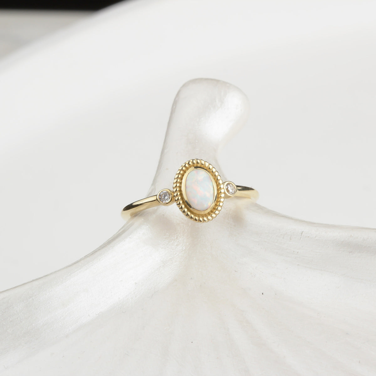 14k Solid Gold White Opal Stone Retro Ring - alternate view 5