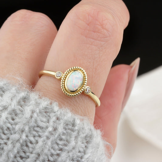 14k Solid Gold White Opal Stone Retro Ring