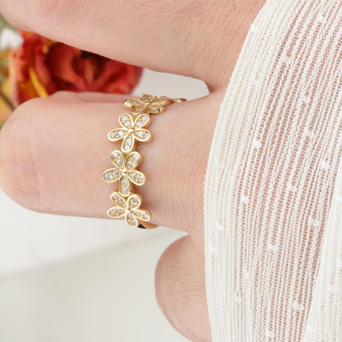 14k Solid Gold Stone-Set Flower Ring - alternate view 3