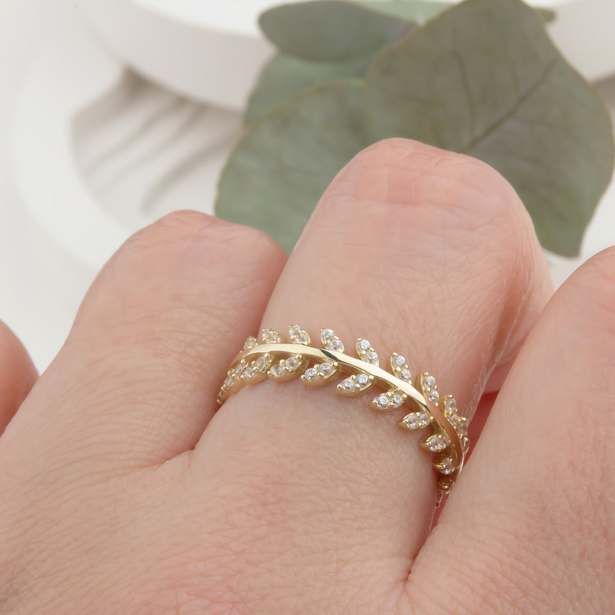 14k Solid Gold Stone-Set Leaf Ring - alternate view 2